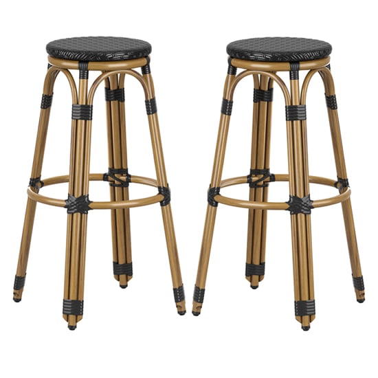 Product photograph of Toller Outdoor Black Aluminium Cane Effect Bar Stools In Pair from Furniture in Fashion