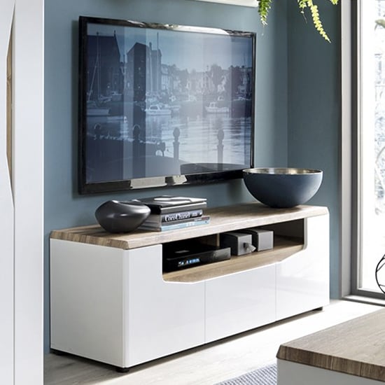 Photo of Toltec wooden tv stand in oak and white high gloss