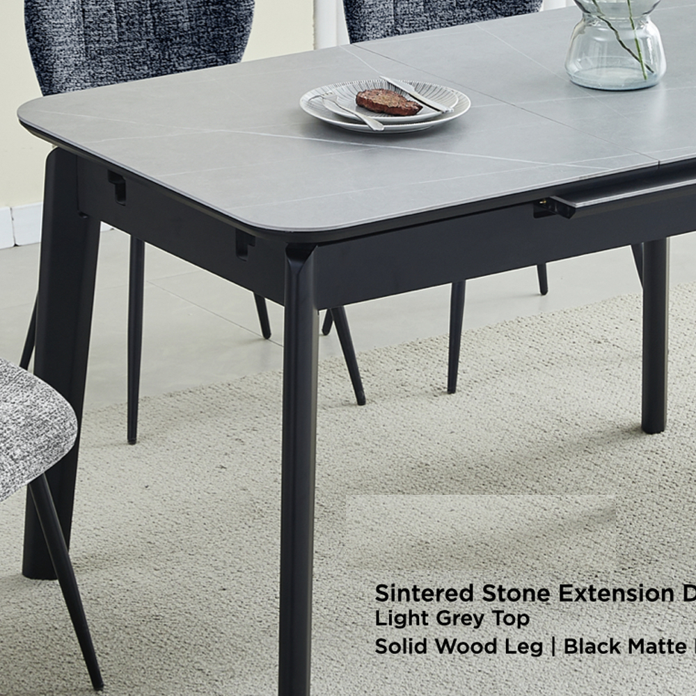 Tomah Light Grey Sintered Stone Extending Dining Table with Black Solid Wood Legs