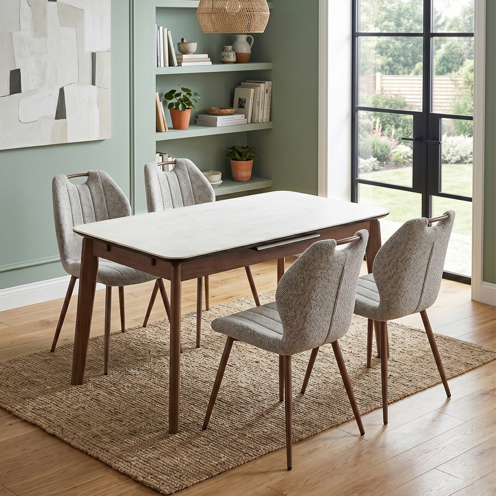 Tomah Walnut Sintered Stone Top Extending Dining Table with 4 Latte Chairs