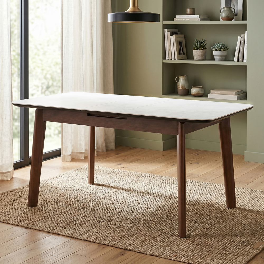 Tomah Walnut Sintered Stone Top Extending Dining Table with 4 Latte Chairs