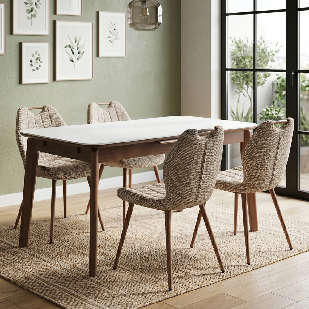 Tomah Walnut Sintered Stone Top Extending Dining Table with 4 Mocha Chairs