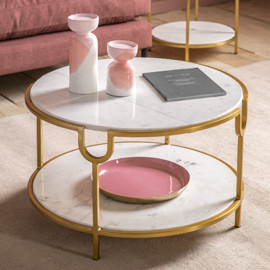 Read more about Tombstone white marble coffee table with gold metal frame