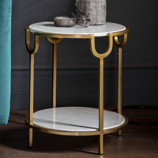Product photograph of Tombstone White Marble Side Table With Gold Metal Frame from Furniture in Fashion