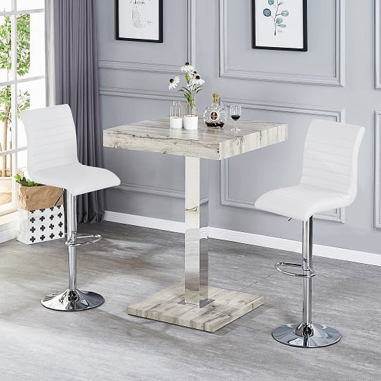 Photo of Topaz grey oak effect bar table with 2 ripple white stools