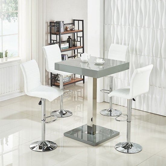 Product photograph of Topaz Glass Grey Gloss Bar Table With 4 Ripple White Stools from Furniture in Fashion