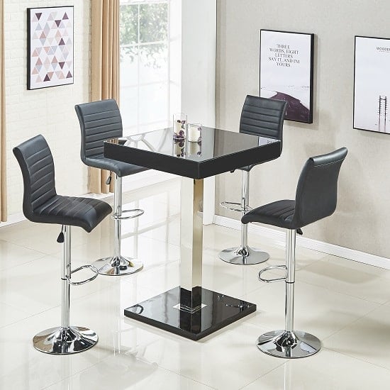 Photo of Topaz glass black gloss bar table with 4 ripple black stools