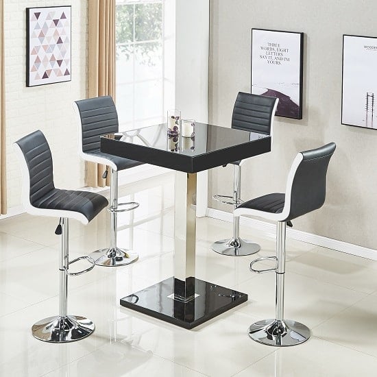 Topaz Glass Top Bar Table In Black High Gloss With 4 Ritz Stools