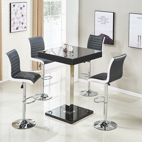 Photo of Topaz glass black gloss bar table 4 ritz black white stools