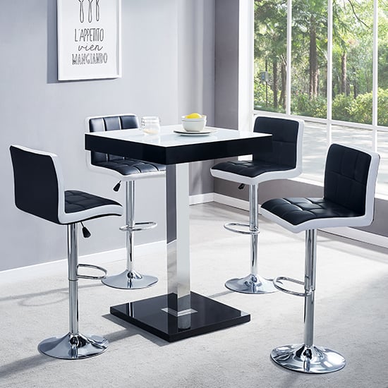 Topaz Black White Glass Bar Table With 4 Copez Black White Stool