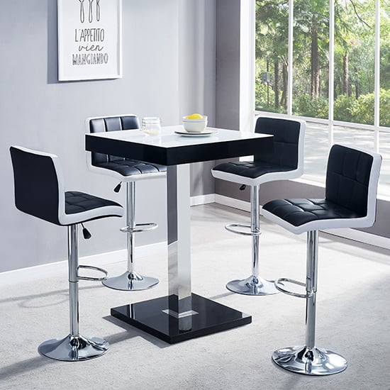 Product photograph of Topaz Glass White Black Bar Table 4 Copez Black White Stools from Furniture in Fashion