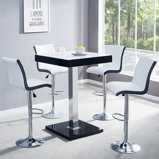 Product photograph of Topaz Glass White Black Bar Table 4 Ritz White Black Stools from Furniture in Fashion