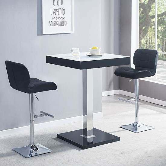 Topaz Glass White Black Gloss Bar Table 2 Candid Black Stools