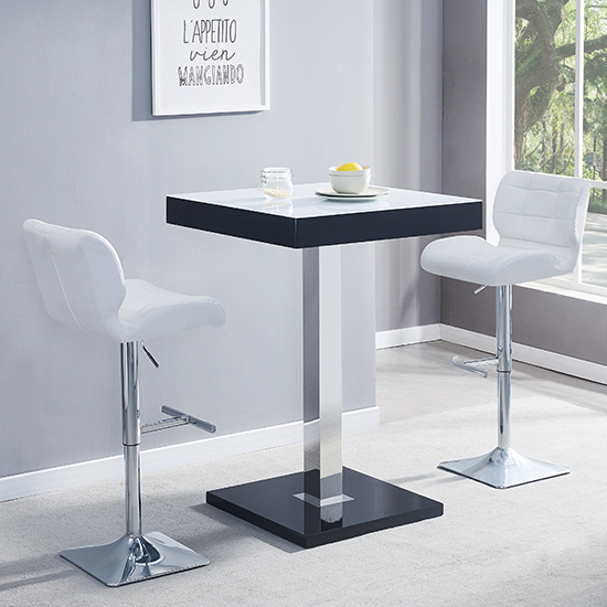 Photo of Topaz glass white black gloss bar table 2 candid white stools