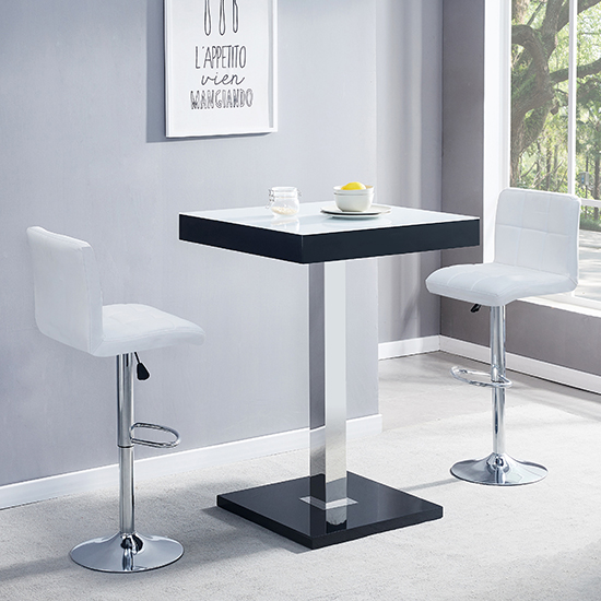 Photo of Topaz glass white black gloss bar table 2 coco white stools