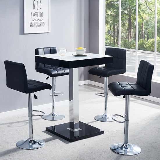 Topaz Glass White Black Gloss Bar Table 4 Coco Black Stools