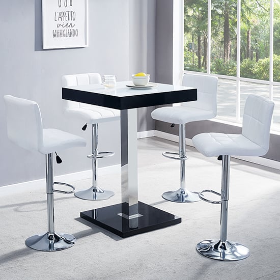 Product photograph of Topaz Glass White Black Gloss Bar Table 4 Coco White Stools from Furniture in Fashion