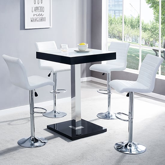 Product photograph of Topaz Glass White Black Gloss Bar Table 4 Ripple White Stools from Furniture in Fashion