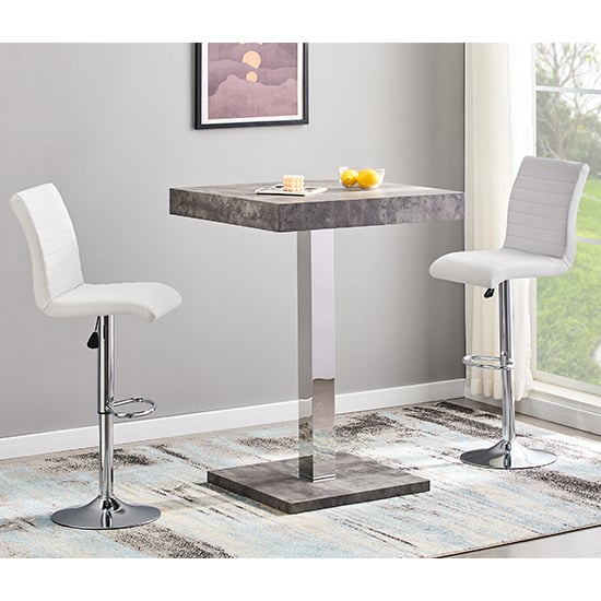 Topaz Concrete Effect Bar Table With 2 Ripple White Stools_1