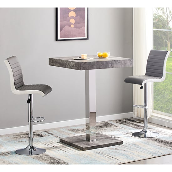 Topaz Concrete Effect Bar Table With 2 Ritz Grey White Stools_1