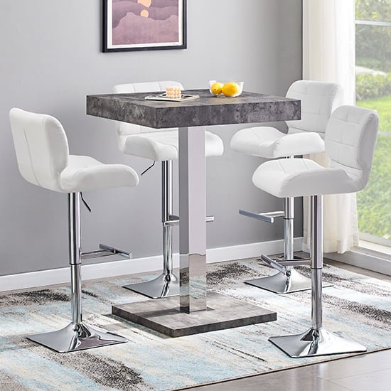 Topaz Concrete Effect Bar Table With 4 Candid White Stools