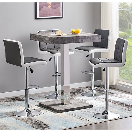 Photo of Topaz concrete effect bar table with 4 copez grey white stools