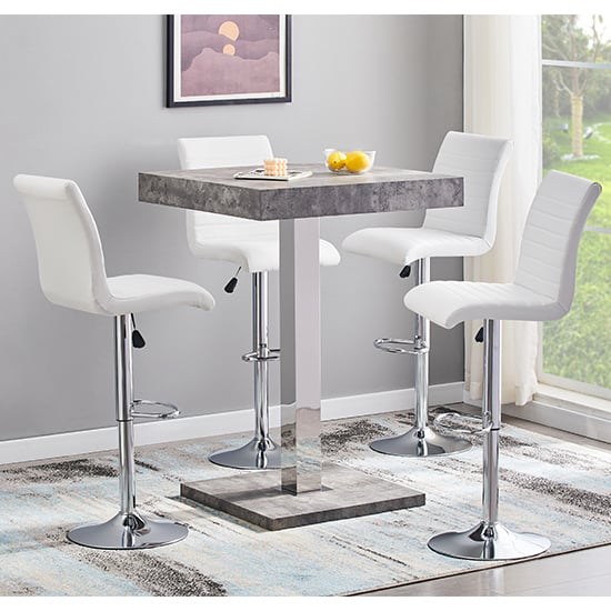 Topaz Concrete Effect Bar Table With 4 Ripple White Stools_1