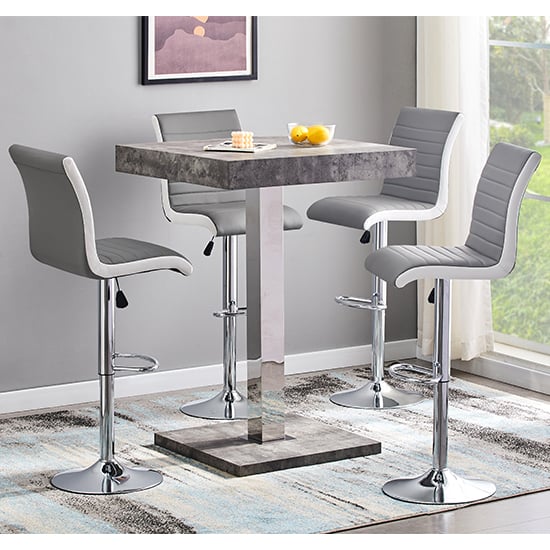 Photo of Topaz concrete effect bar table with 4 ritz grey white stools