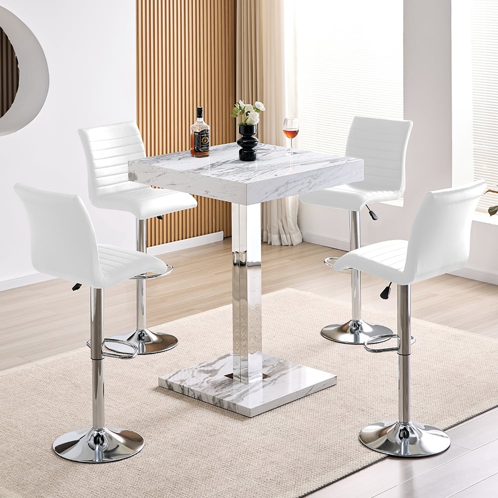 Topaz Filo Effect Gloss Bar Table With 4 Ripple White Stools