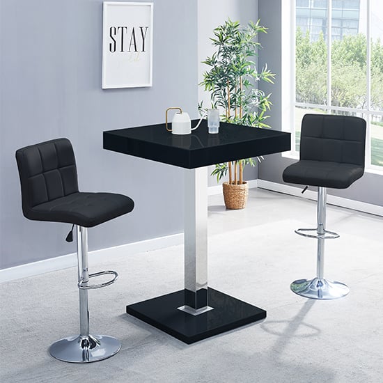 Photo of Topaz glass black gloss bar table with 2 coco black stools