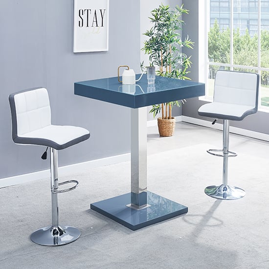 Photo of Topaz glass grey gloss bar table 2 copez white grey stools