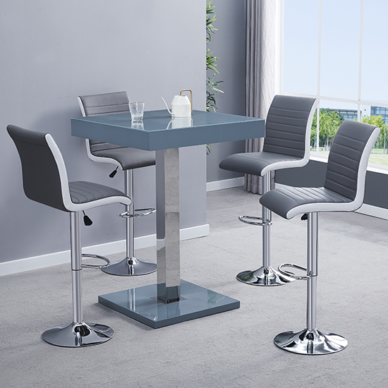 Product photograph of Topaz Glass Grey Gloss Bar Table 4 Ritz Grey White Stools from Furniture in Fashion