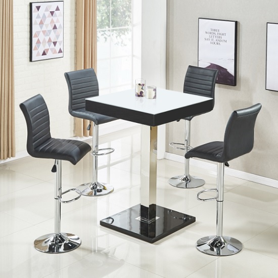 Topaz White Glass Top Bar Table In Black Gloss 4 Ripple Stools