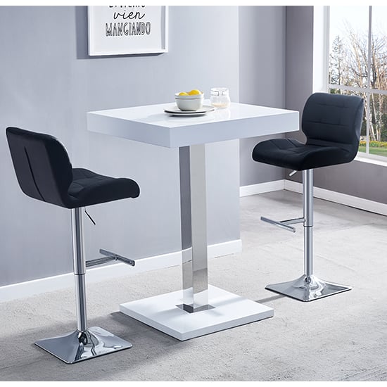 Product photograph of Topaz White High Gloss Bar Table With 2 Candid Black Stools from Furniture in Fashion