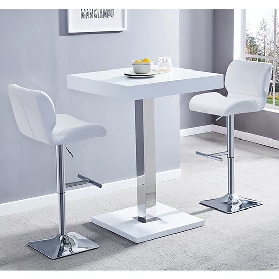 Photo of Topaz white high gloss bar table with 2 candid white stools