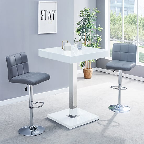Topaz White High Gloss Bar Table With 2 Coco Grey Stools