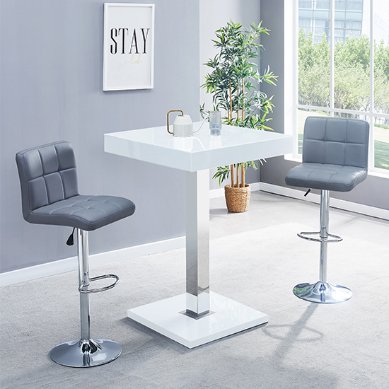 Photo of Topaz white high gloss bar table with 2 coco grey stools