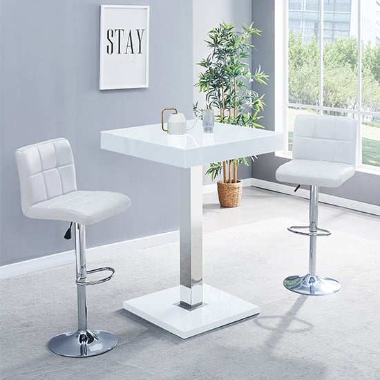 Topaz Bar Table In White Gloss With 2 Coco White Stools