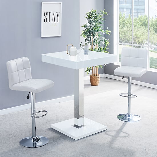 Photo of Topaz white high gloss bar table with 2 coco white stools