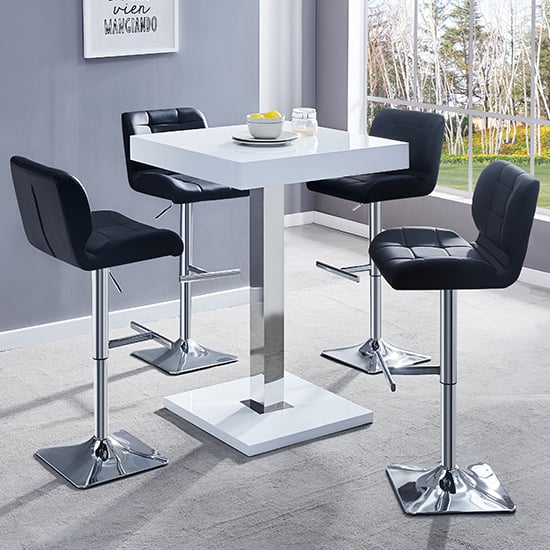 Photo of Topaz white high gloss bar table with 4 candid black stools