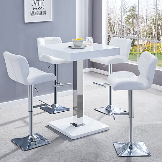 Photo of Topaz white high gloss bar table with 4 candid white stools