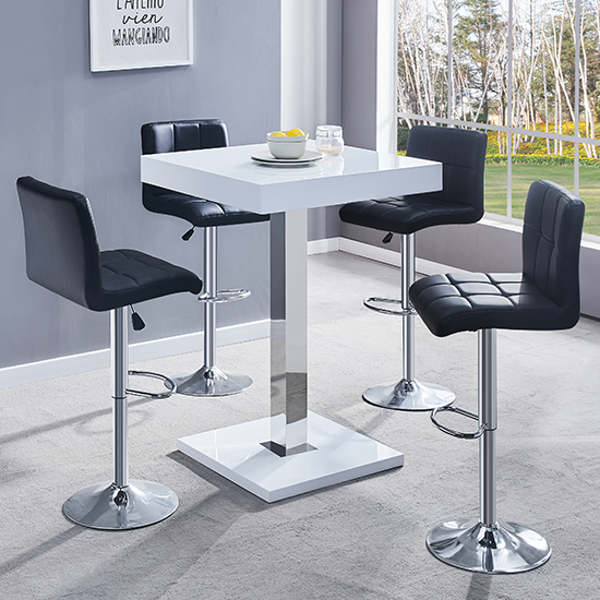 Product photograph of Topaz White High Gloss Bar Table With 4 Coco Black Stools from Furniture in Fashion