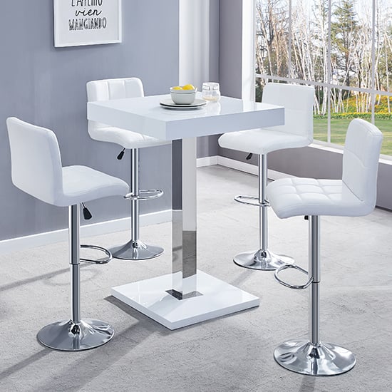 Read more about Topaz white high gloss bar table with 4 coco white stools