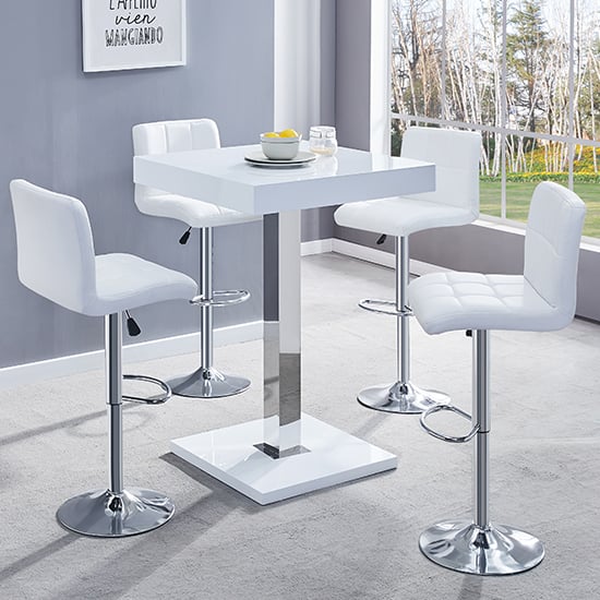 Product photograph of Topaz White High Gloss Bar Table With 4 Coco White Stools from Furniture in Fashion