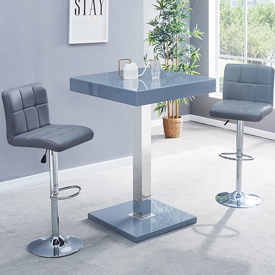 Photo of Topaz glass grey gloss bar table with 2 coco grey stools