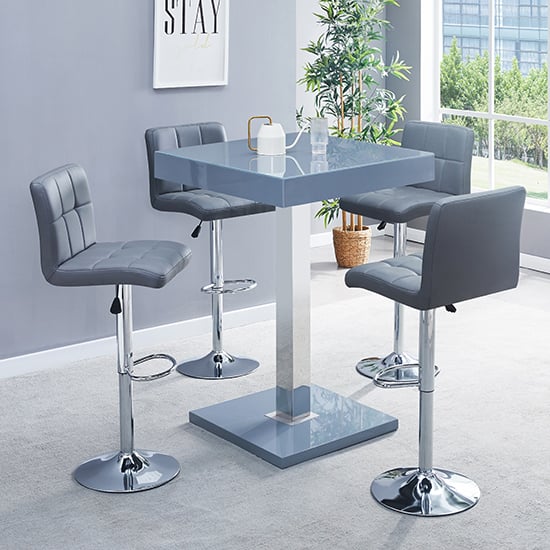 Photo of Topaz glass grey gloss bar table with 4 coco grey stools