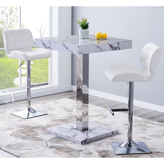 Read more about Topaz diva marble effect gloss bar table 2 candid white stools