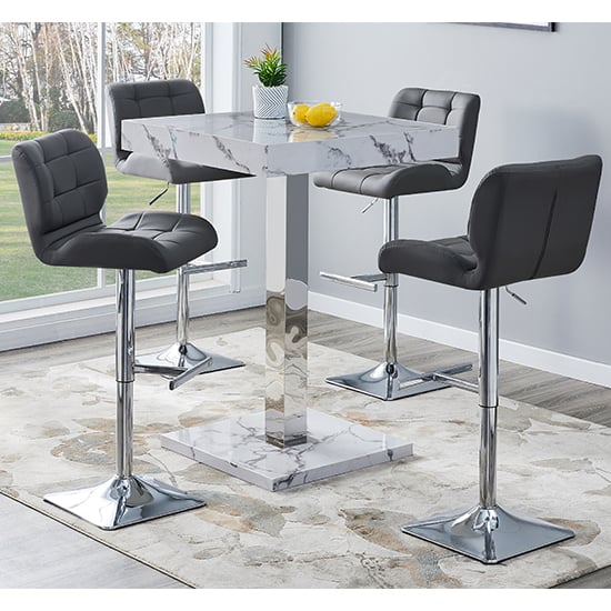 Read more about Topaz diva marble effect gloss bar table 4 candid grey stools