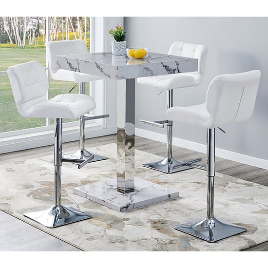 Read more about Topaz diva marble effect gloss bar table 4 candid white stools