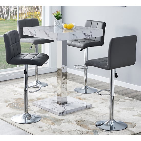 Photo of Topaz diva marble effect gloss bar table 4 coco grey stools